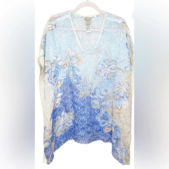 Chico's Other - Chico’s linen blend blue cream poncho, L/XL
